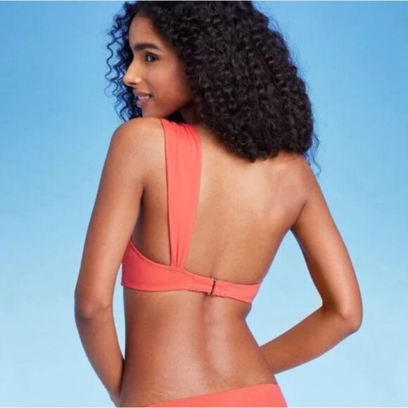 SHADE & SHORE BIKINI TOP ONE SHOULDER TWIST FRONT BOW TAIL WOMEN'S RED CORAL NWT - Picture 2 of 7
